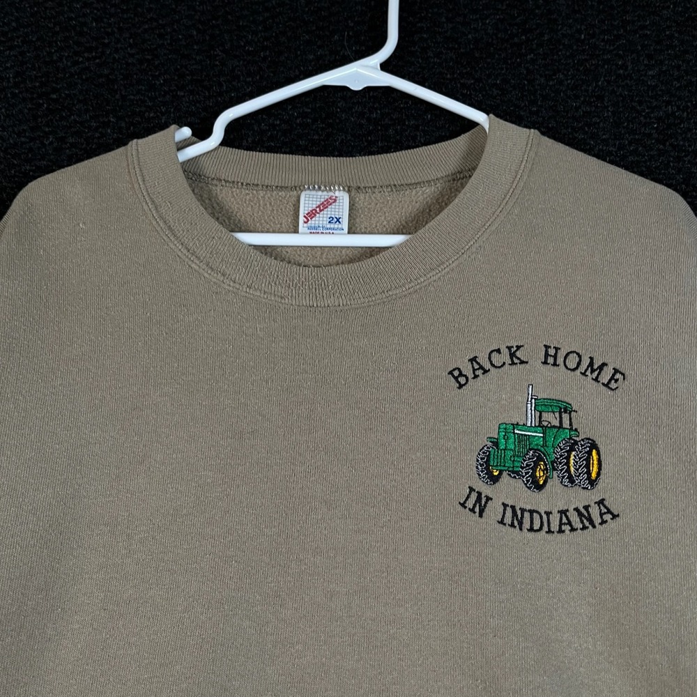 Vintage Jerzees Back Home In Indiana Tractor Stitch Tan Crewneck Sweater Men 2X - Picture 2 of 8